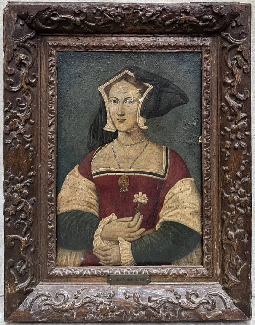 Tableau Ancien Portrait Femme Fleur Peinture Allemande Renaissance 17ème Cadre