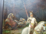 Superbe rare ancienne Peinture huile signée chevalier médiéval joute