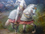 Superbe rare ancienne Peinture huile signée chevalier médiéval joute