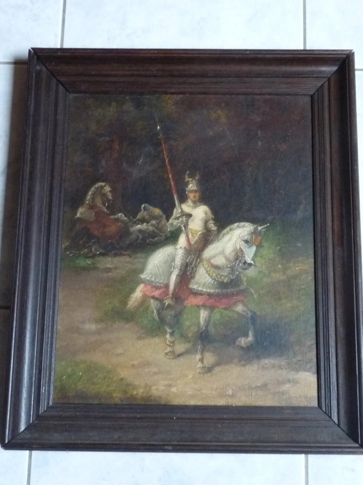 Superbe rare ancienne Peinture huile signée chevalier médiéval joute