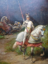 Superbe rare ancienne Peinture huile signée chevalier médiéval joute