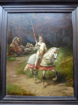 Superbe rare ancienne Peinture huile signée chevalier médiéval joute